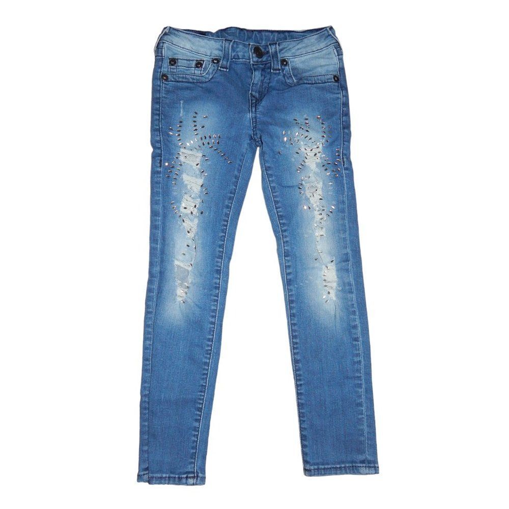 True Religion Girls Casey Distressed Embellished Skinny Jeans Size 7